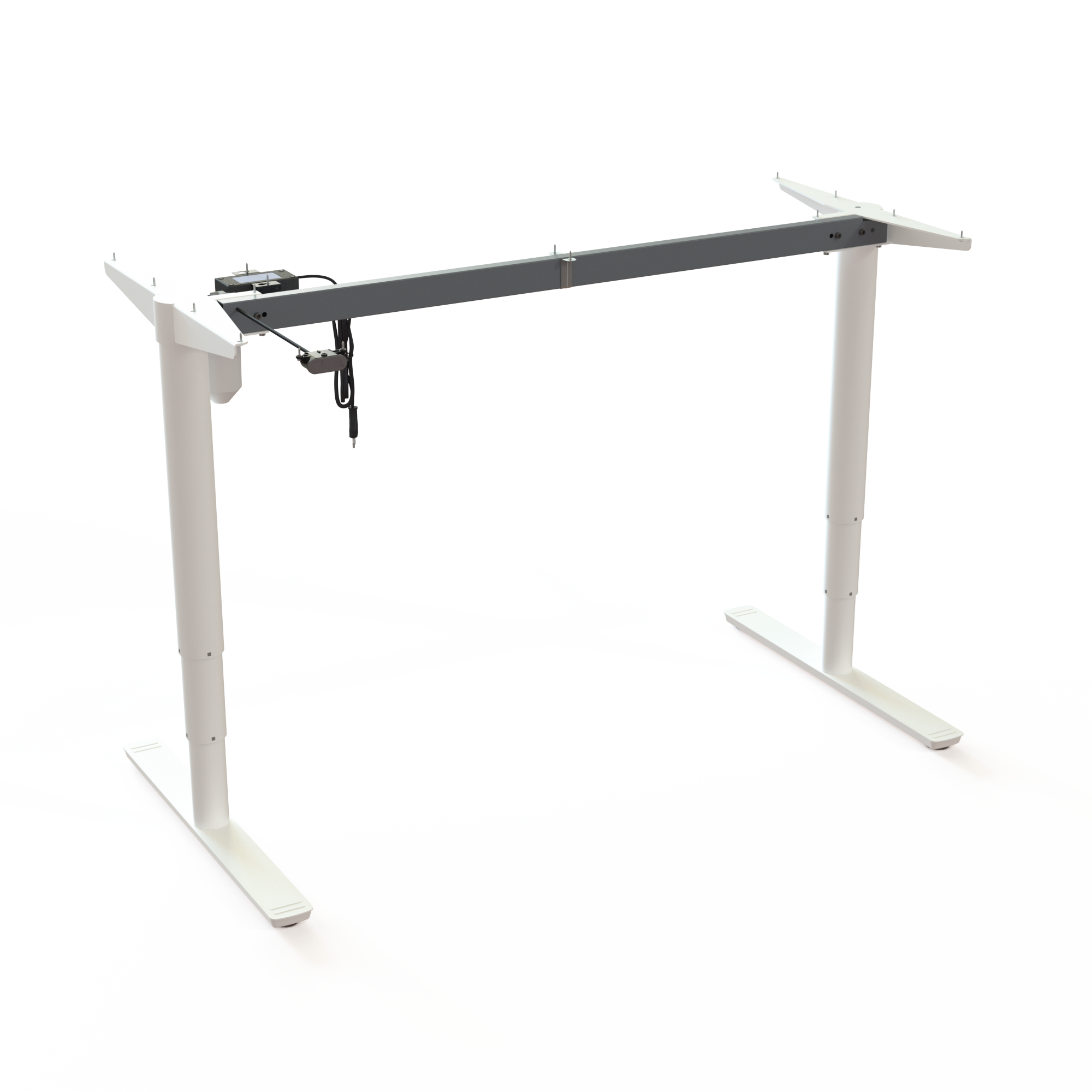 White Sit-Stand Office Desk Base. White powder-coated frame, width 129cm. Stepless desk height adjustment 65-125cm, effortlessly lifting 100kg.
