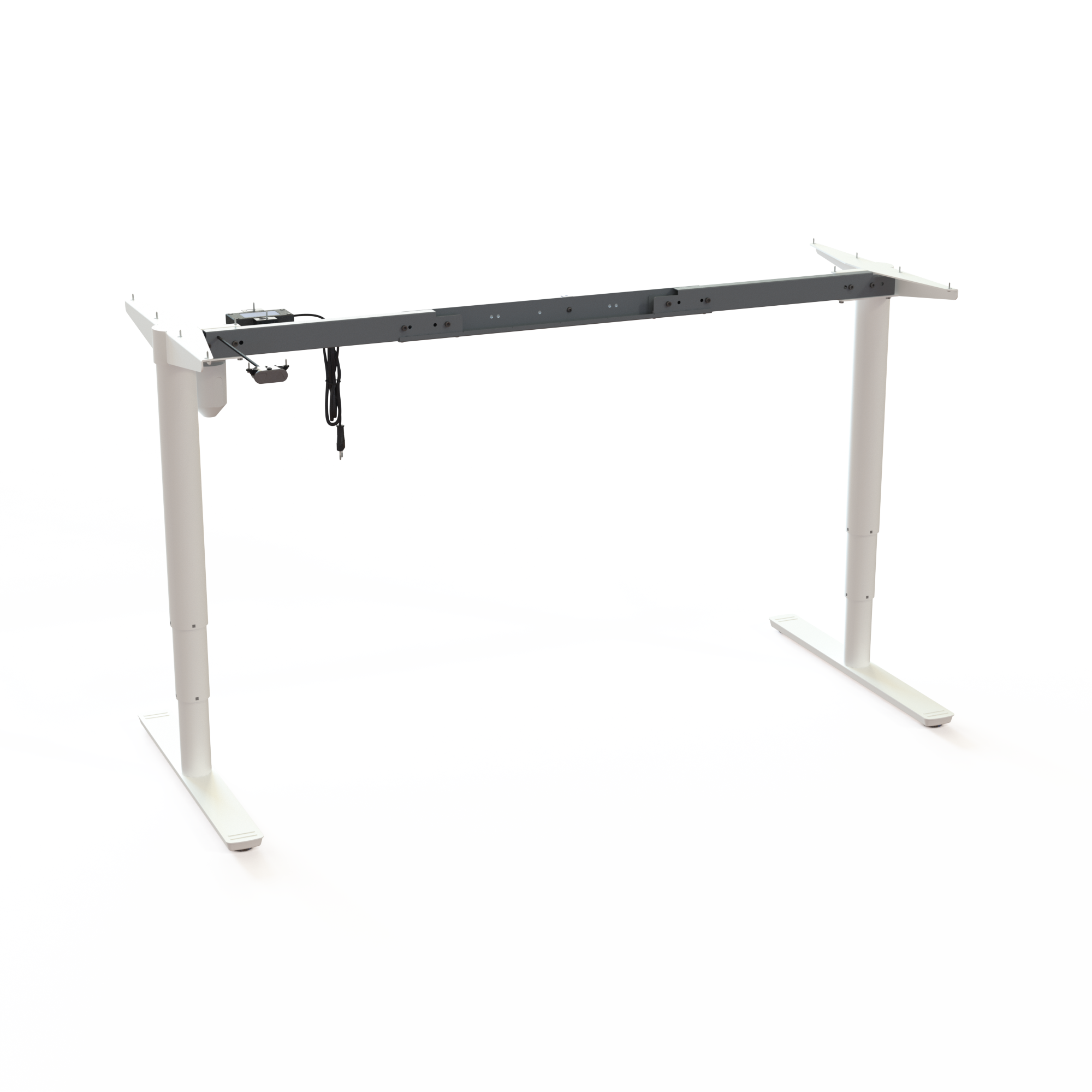 Silver Sit-Stand Office Desk Base. Silver powder-coated frame. Variable width between 132 and 192cm. Ergonomic height choice 68-120cm, with a carrying capacity of 175kg.