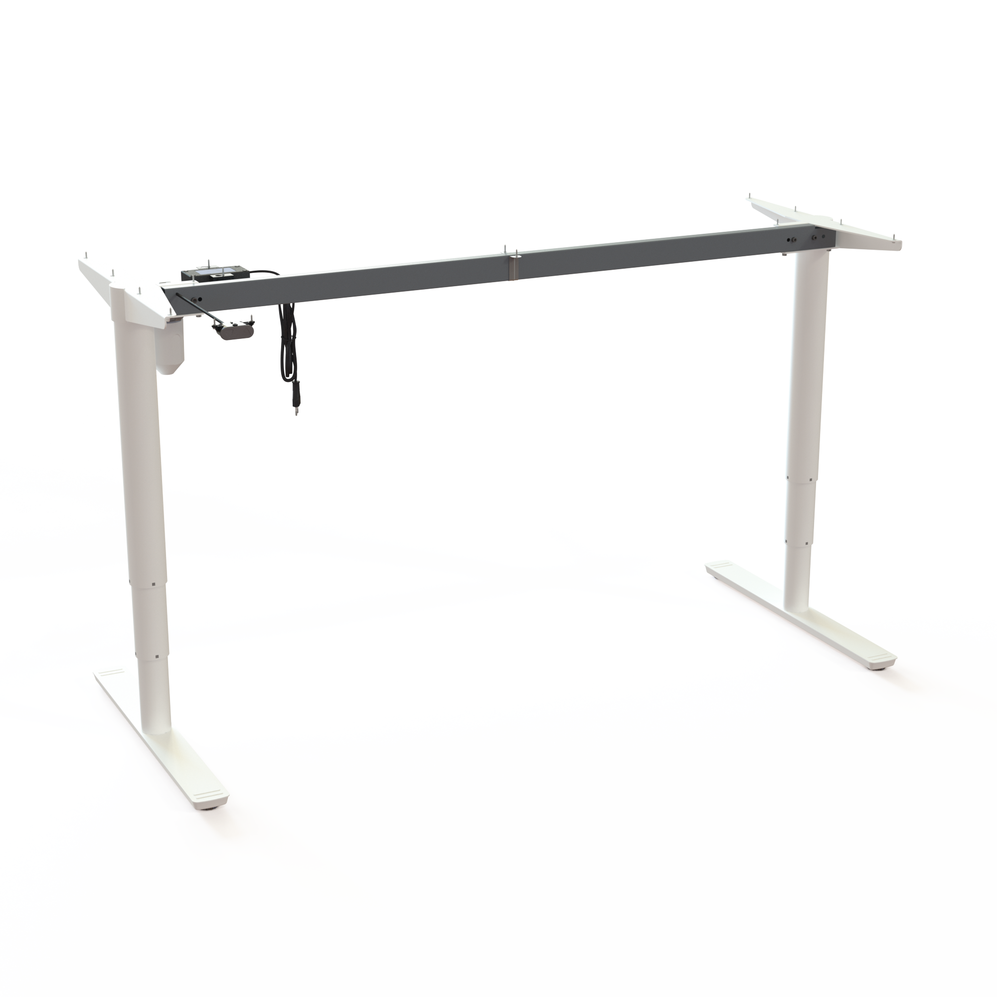 White Steel Sit-Stand Office Desk Base. Made from steel, white powder-coated, measuring 152cm in width. Ergonomic height selection 65-125cm, and the motor lifts 100kg.