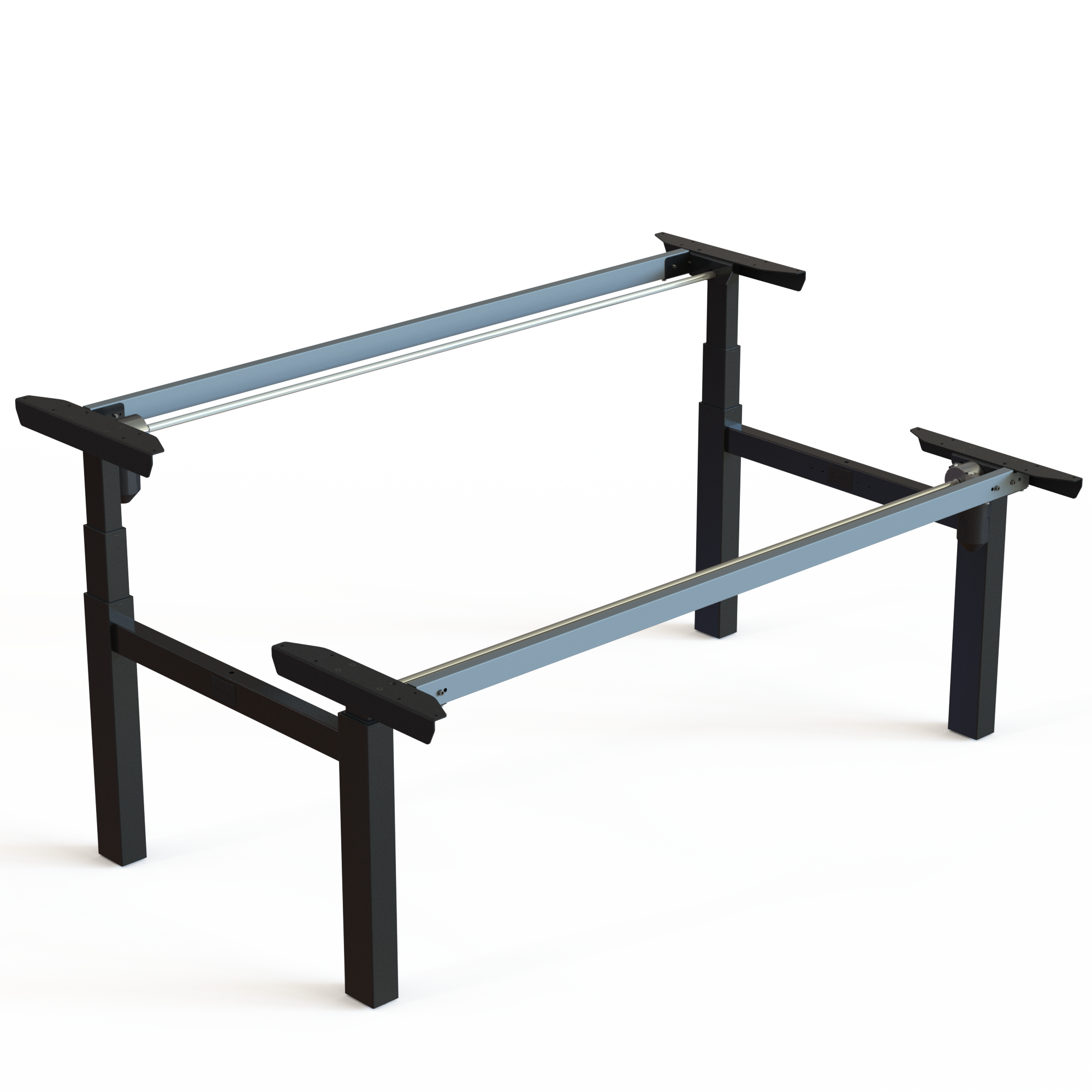 Black Double Desk Base. Black powder-coated frame, frame width 172cm. Operates in the range 65-125cm, effortlessly lifting 100kg.
