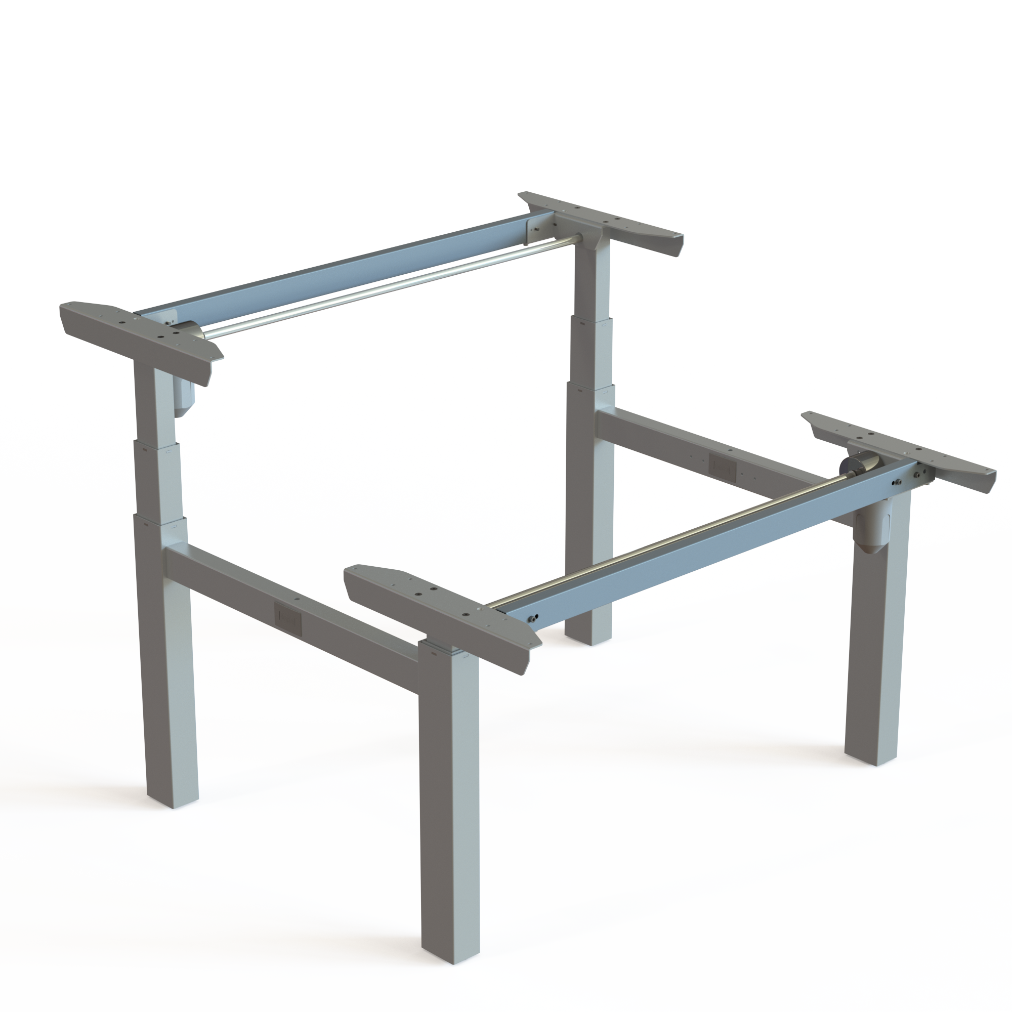 Silver Double Desk Base. Painted silver, frame width 112cm. Operates in the range 65-125cm, rated for a load of 100kg.