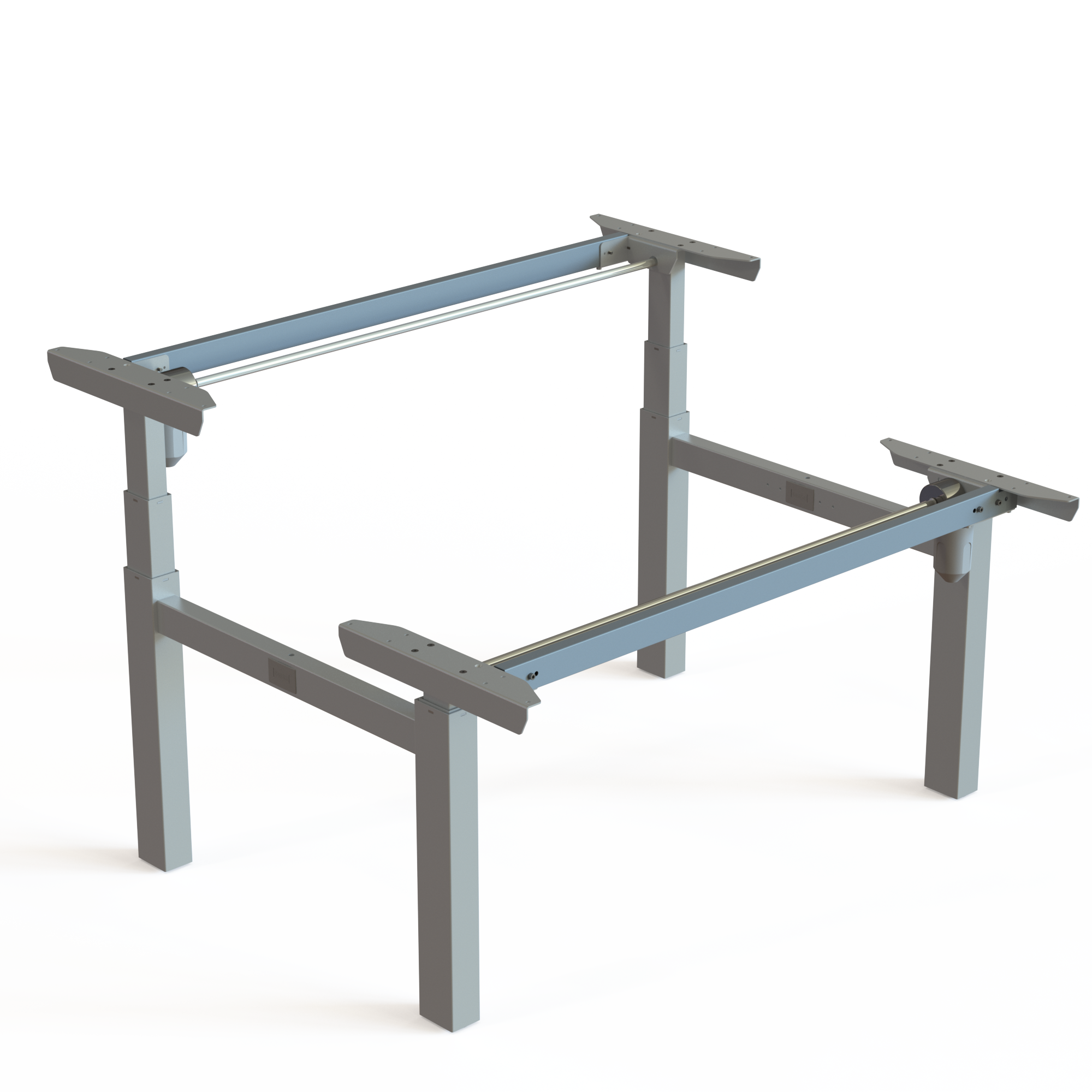 Silver Steel Double Workstation Frame. Silver steel, frame width 129cm. Height is 65-125cm, with a lifting capacity of 100kg.