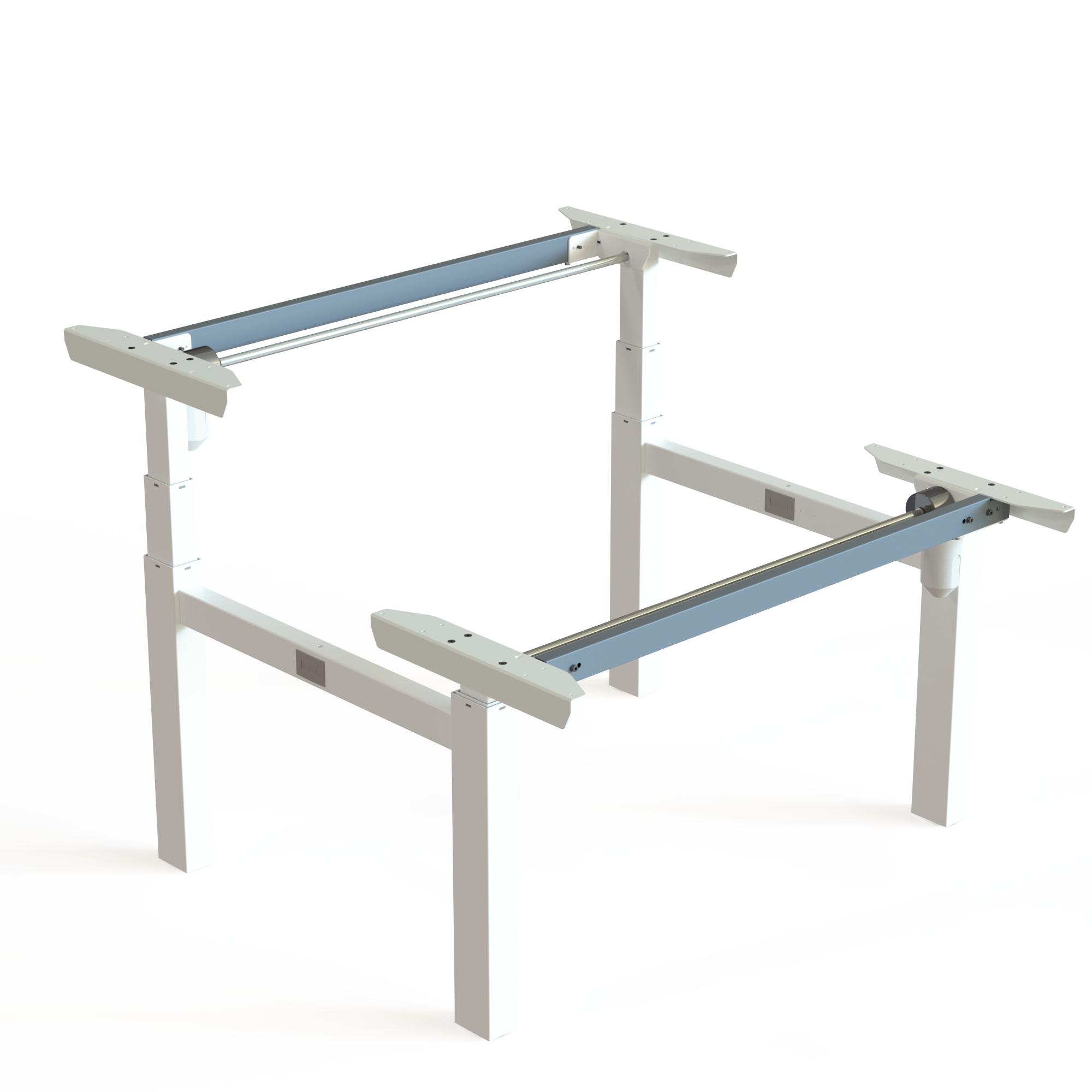 White Double Workstation Frame. White powder-coated frame, measuring 112cm in width. Height is 65-125cm, with a lifting capacity of 100kg.