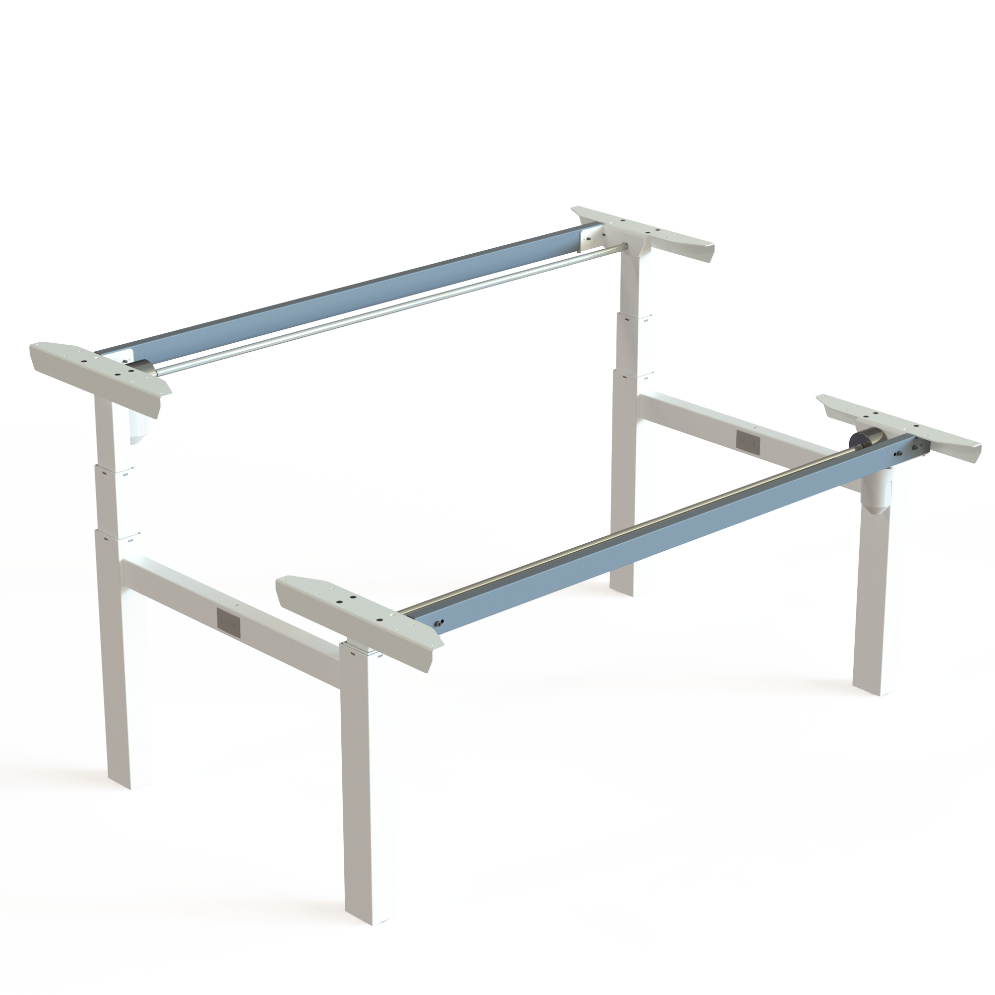 White Steel Bench Desk Underframe. Steel, white powder-coated, width 152cm. Stepless desk height adjustment 65-125cm, and the frame lifts 100kg.