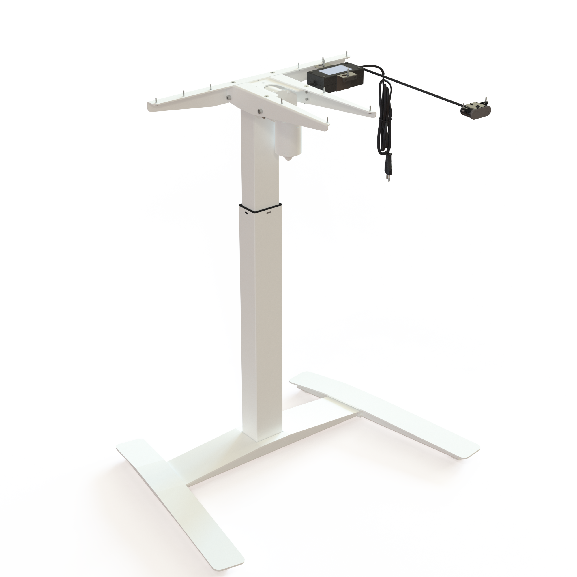 White Single-Column Sit-Stand Desk Frame. Painted in white, measuring 79cm in width. Seamless desk height adjustment from 72-120cm. Ideal for lighter loads, lifting up to 30kg.