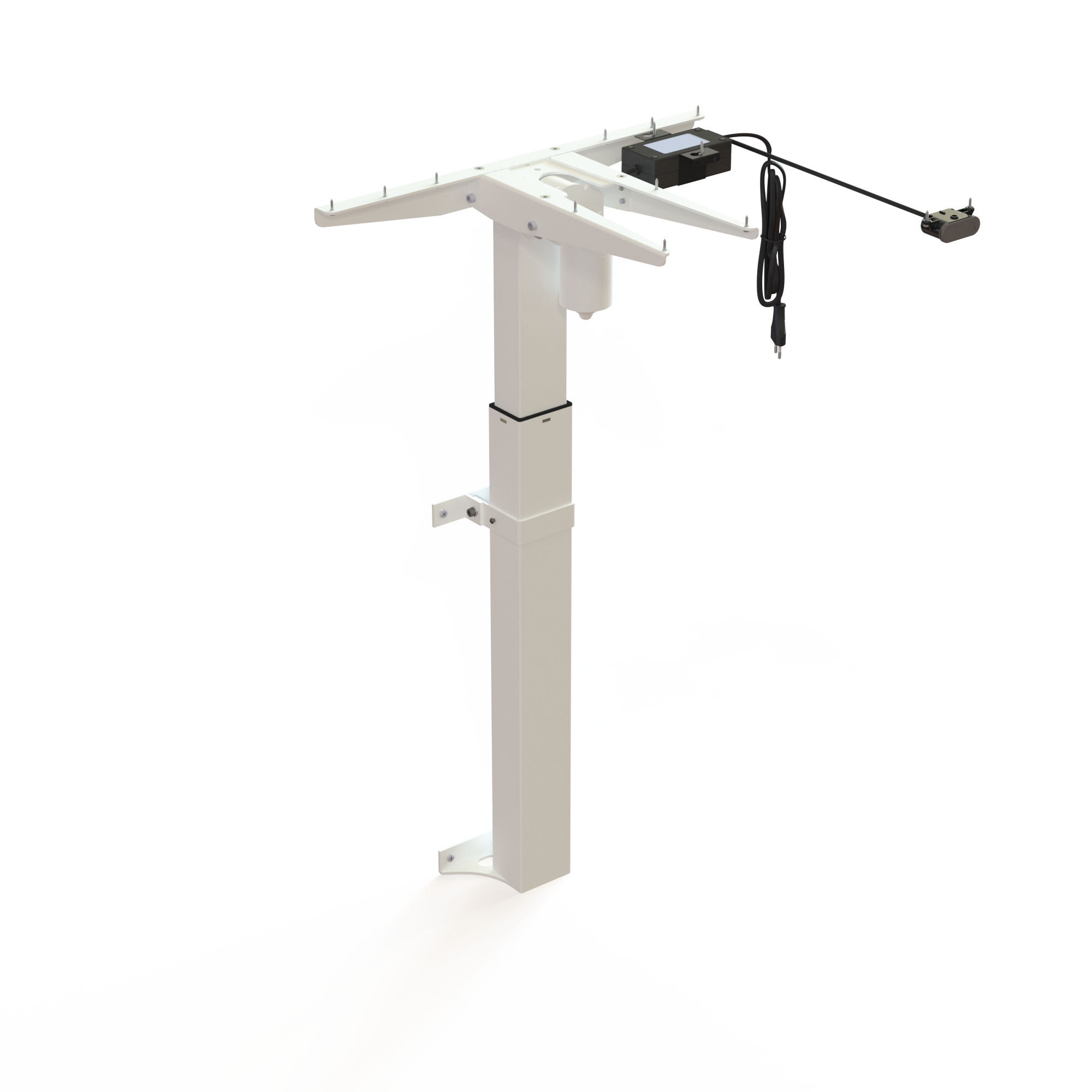 White Wall-Mounted Sit-Stand Desk Base. Painted white, base width 54cm. Travel distance is 48cm, height depends on mounting height, effortlessly lifts 30kg.